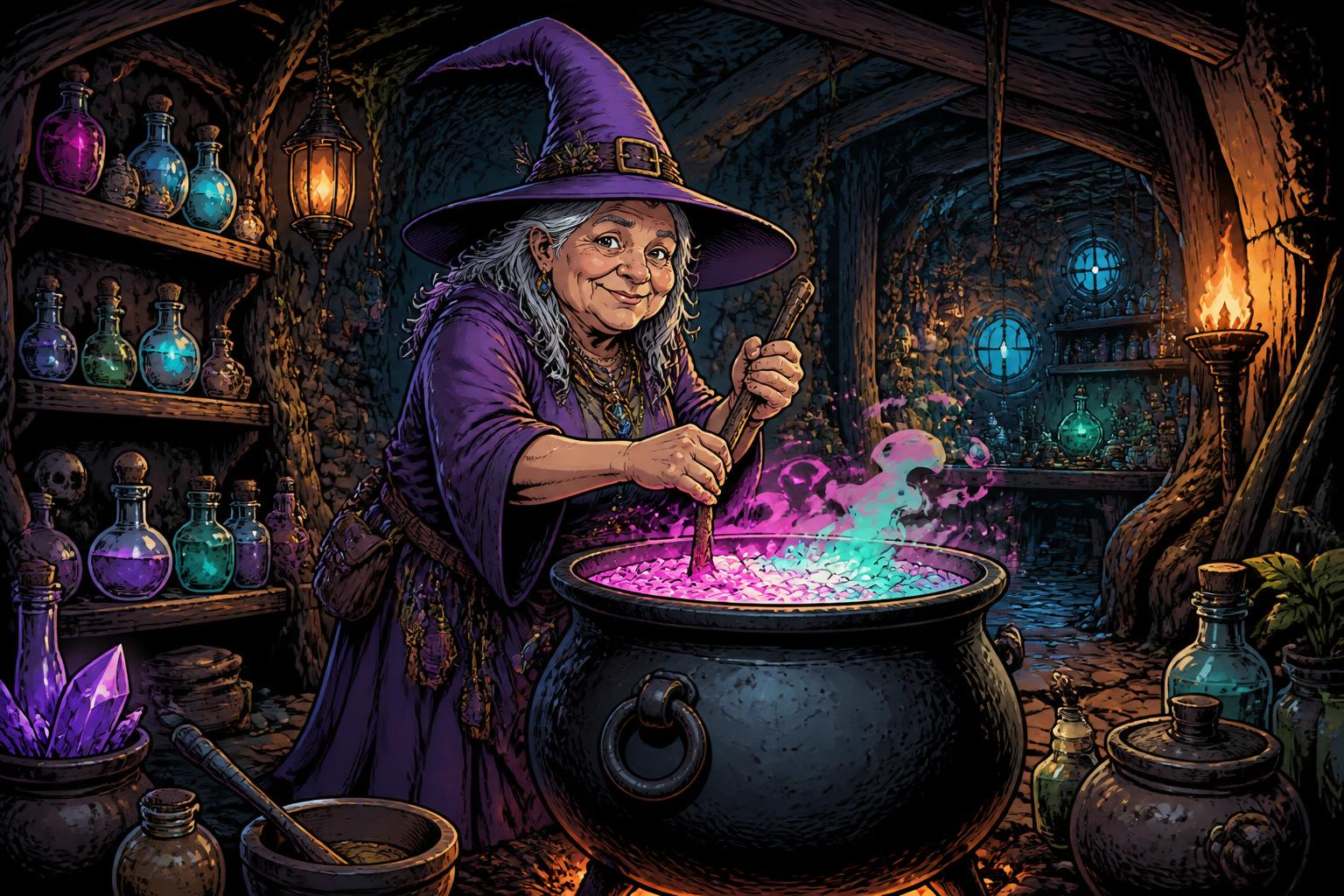 Illustration of a witch stirring a bubbling cauldron in an underground potion den
